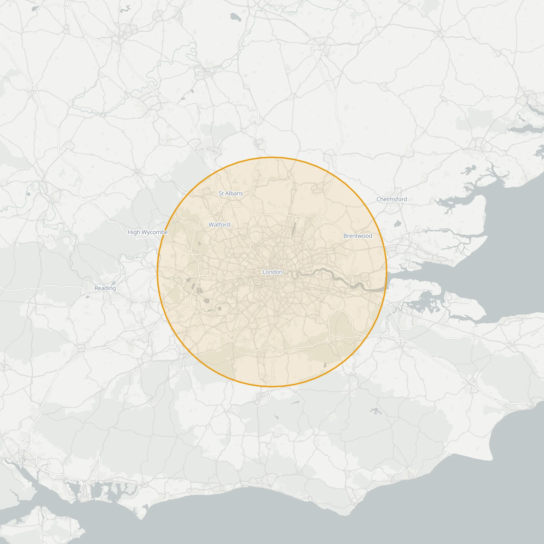 Map of London and the Home Counties showing our 40 kilometre coverage radius
