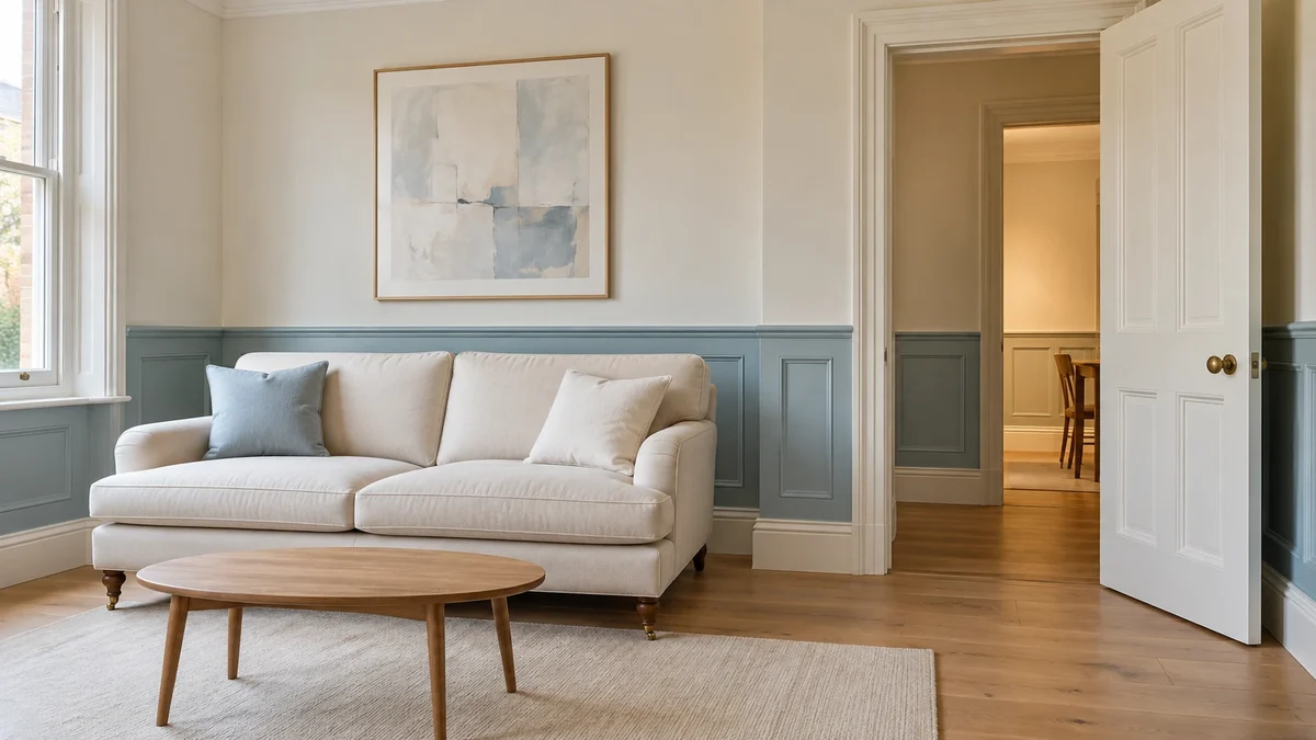Decorated living room with cream walls and blue-grey panelling