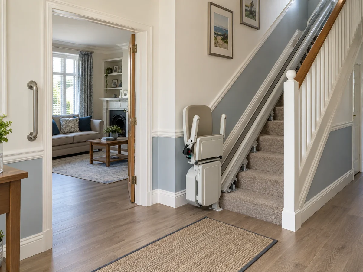 Decorated hallway with a stairlift and blue-grey painted walls