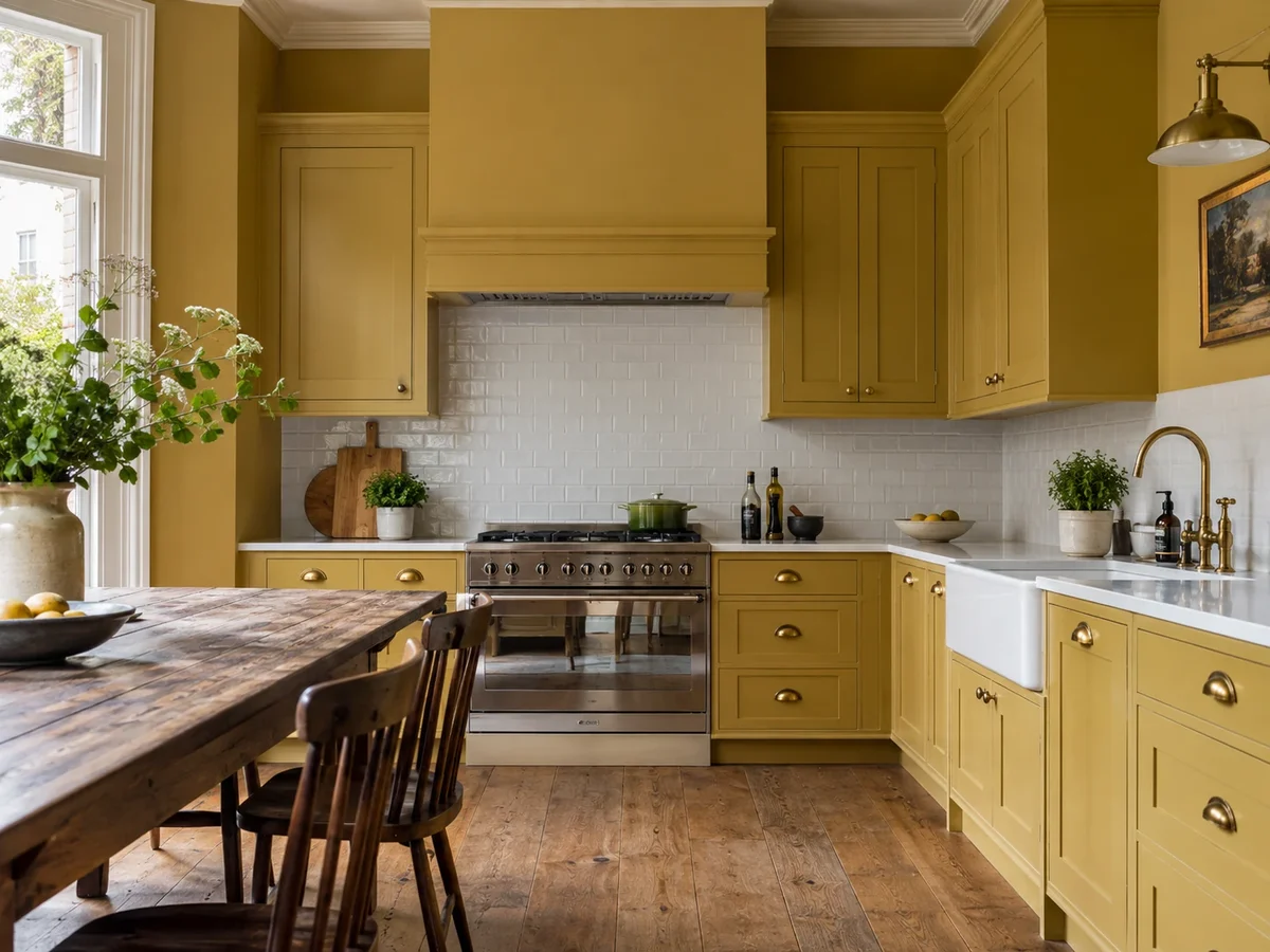 Mustard yellow kitchen with painted cabinets and brass fittings