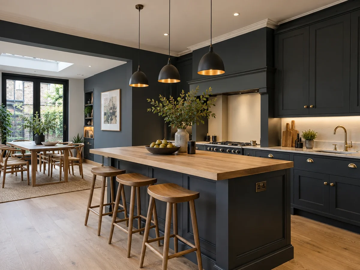 Charcoal kitchen with painted cabinets and a wooden island worktop