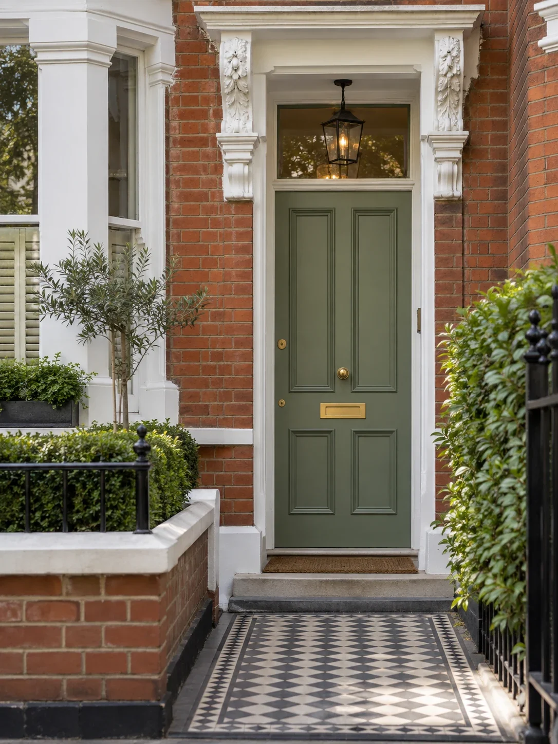 Sage green front door with white trim on a brick townhouse