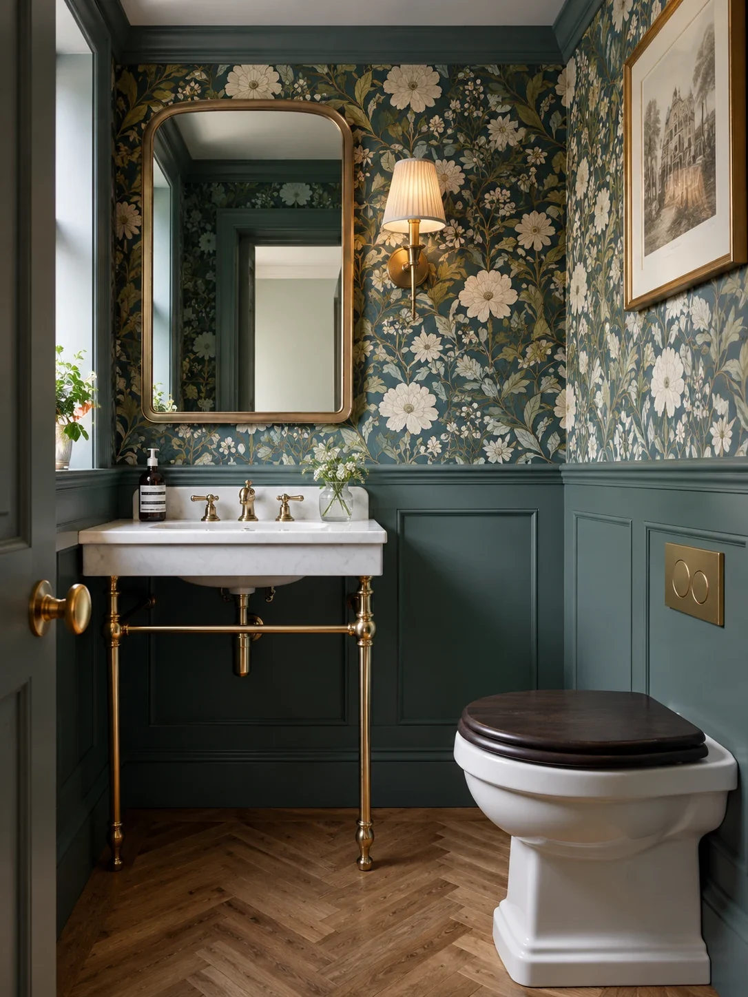 Cloakroom with floral wallpaper and teal painted panelling