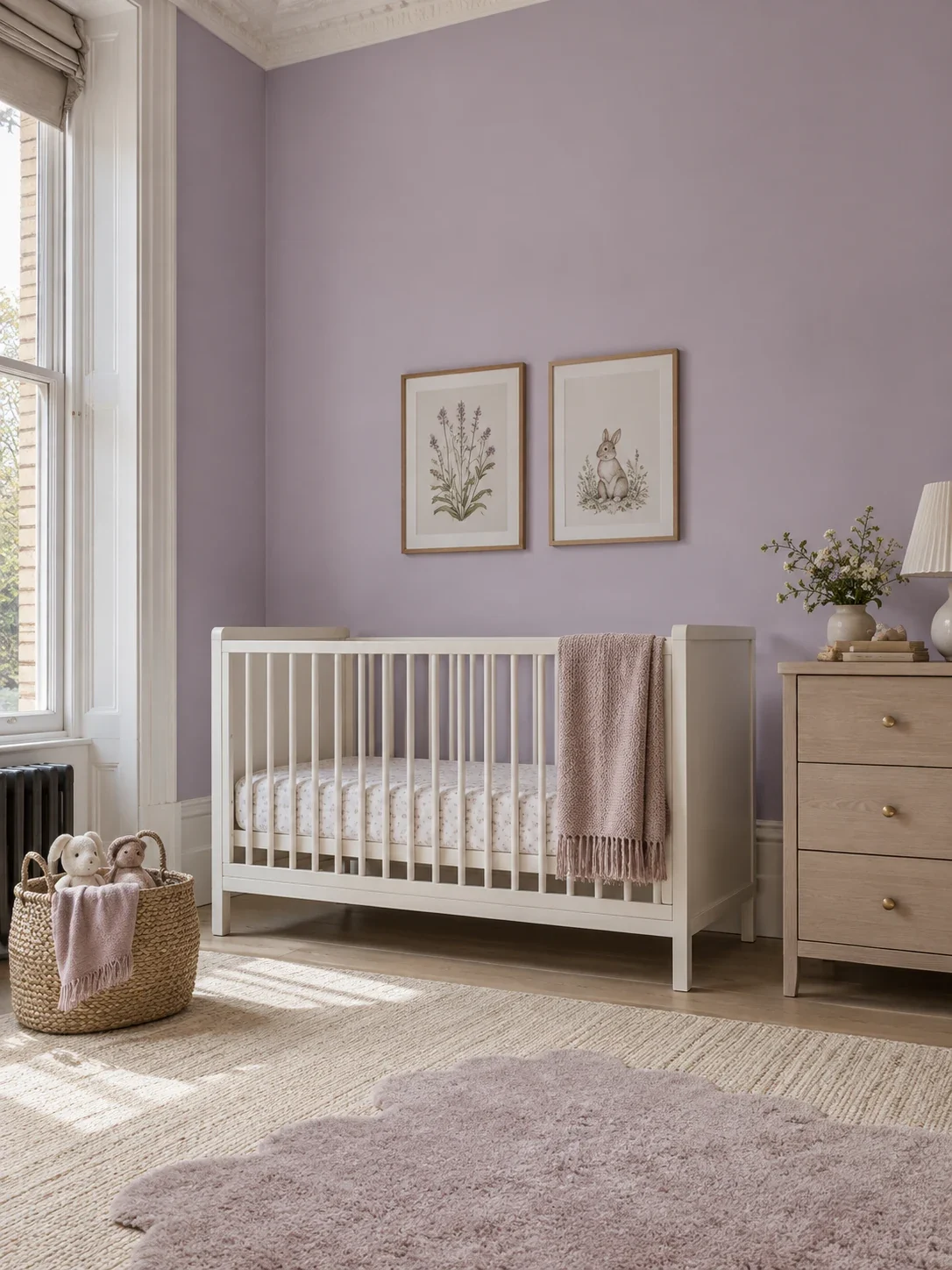 Lavender nursery with a cream cot and white period cornicing