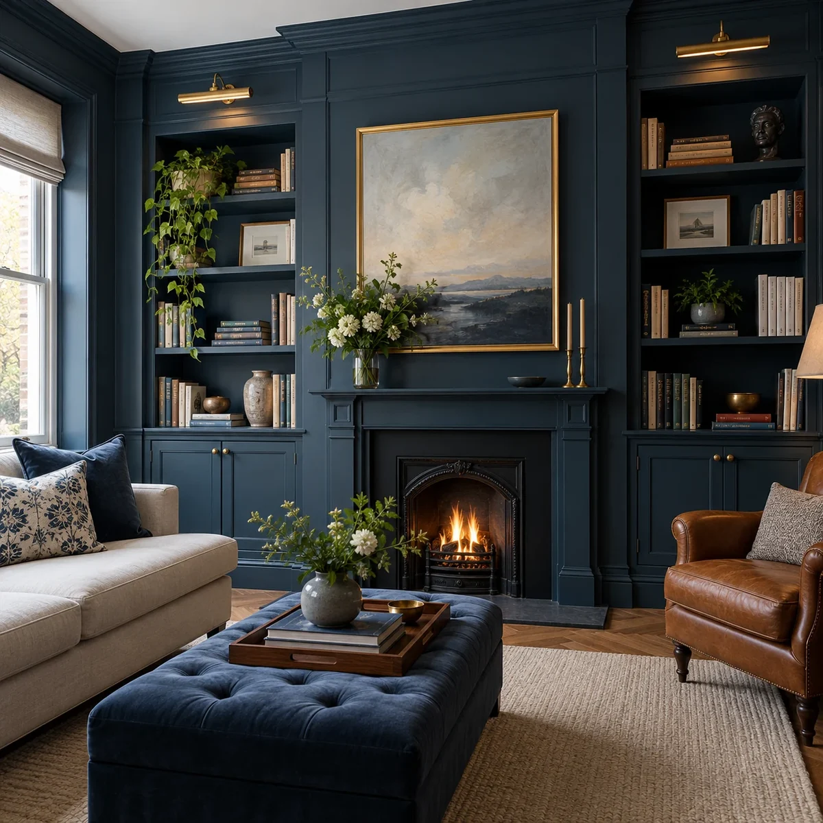 Navy living room with fitted bookshelves and a fireplace