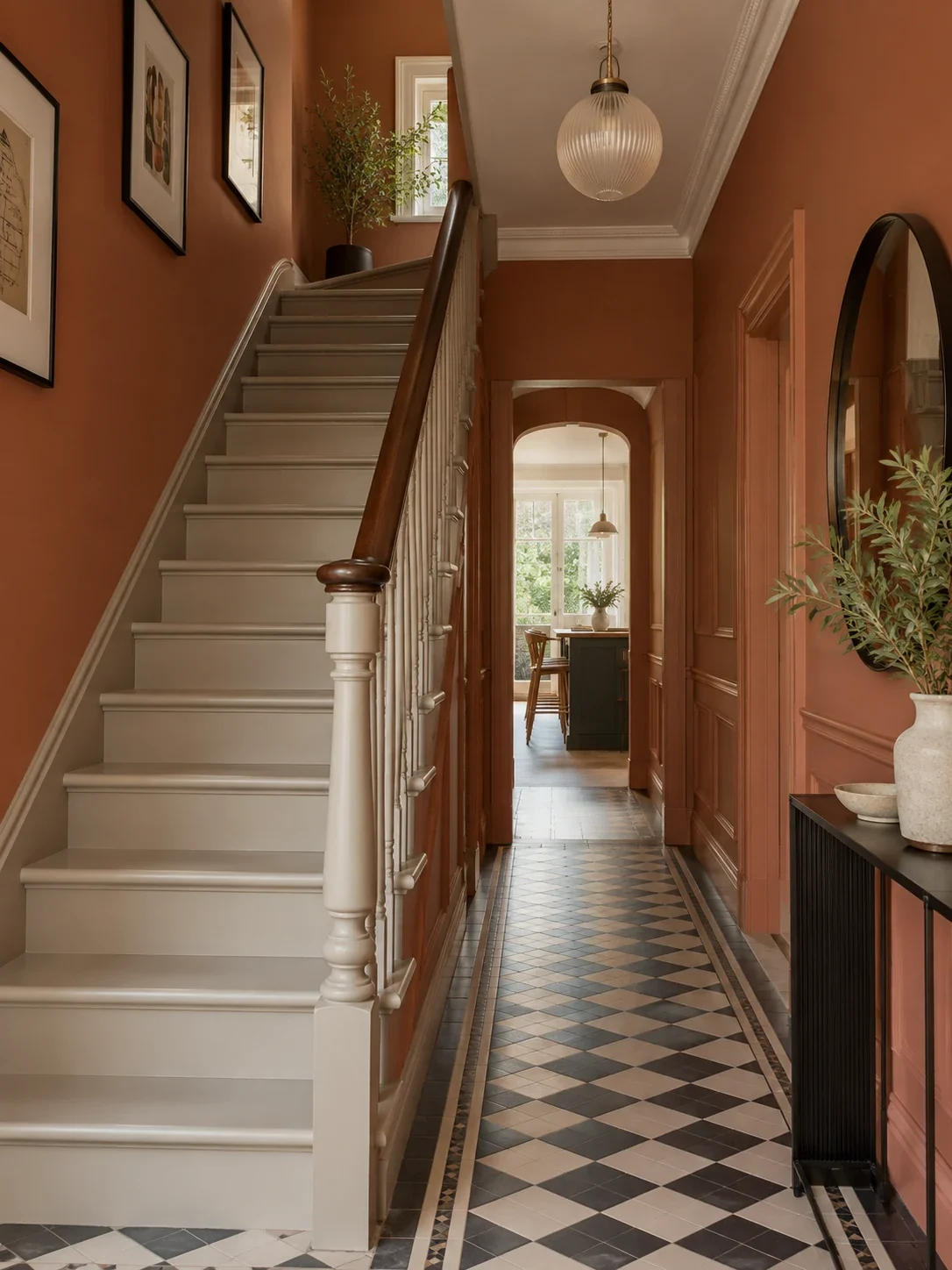 Terracotta hallway with a cream staircase and patterned floor