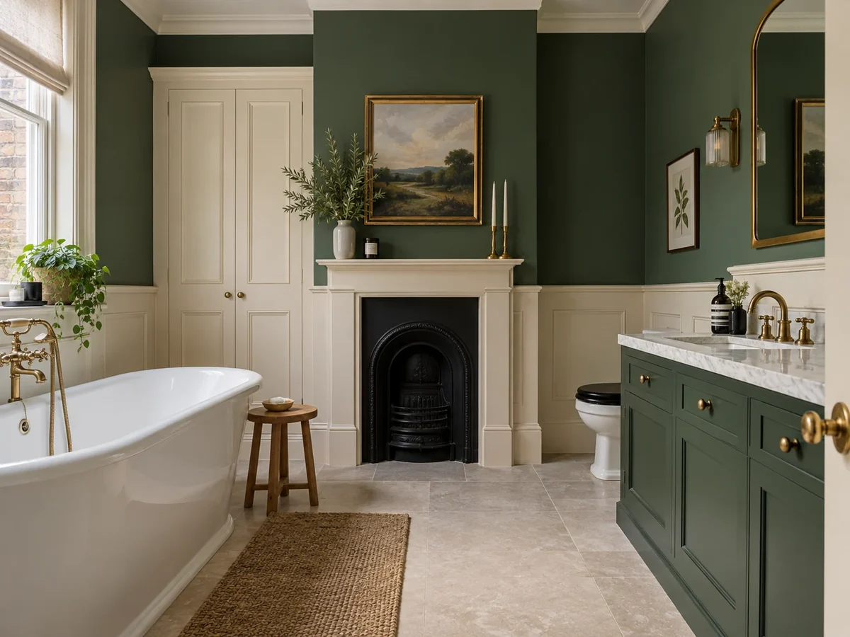 Green and cream bathroom with a freestanding bath and period fireplace