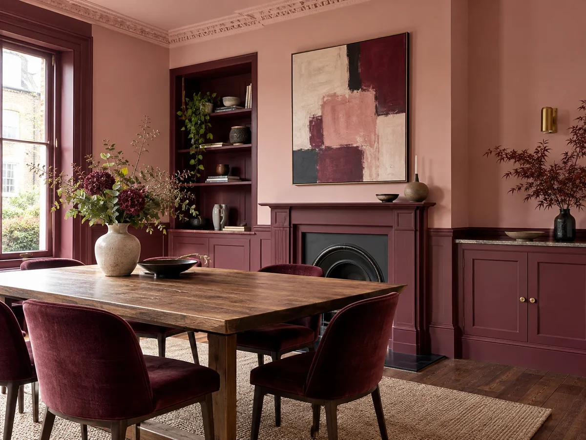 Pink dining room with burgundy painted woodwork and fitted cabinets