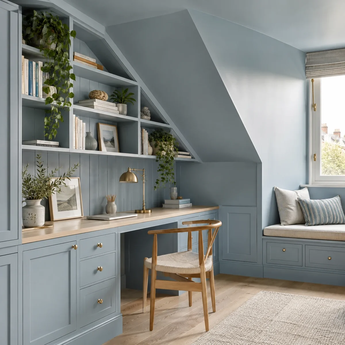 Pale blue loft office with fitted shelving and a window seat