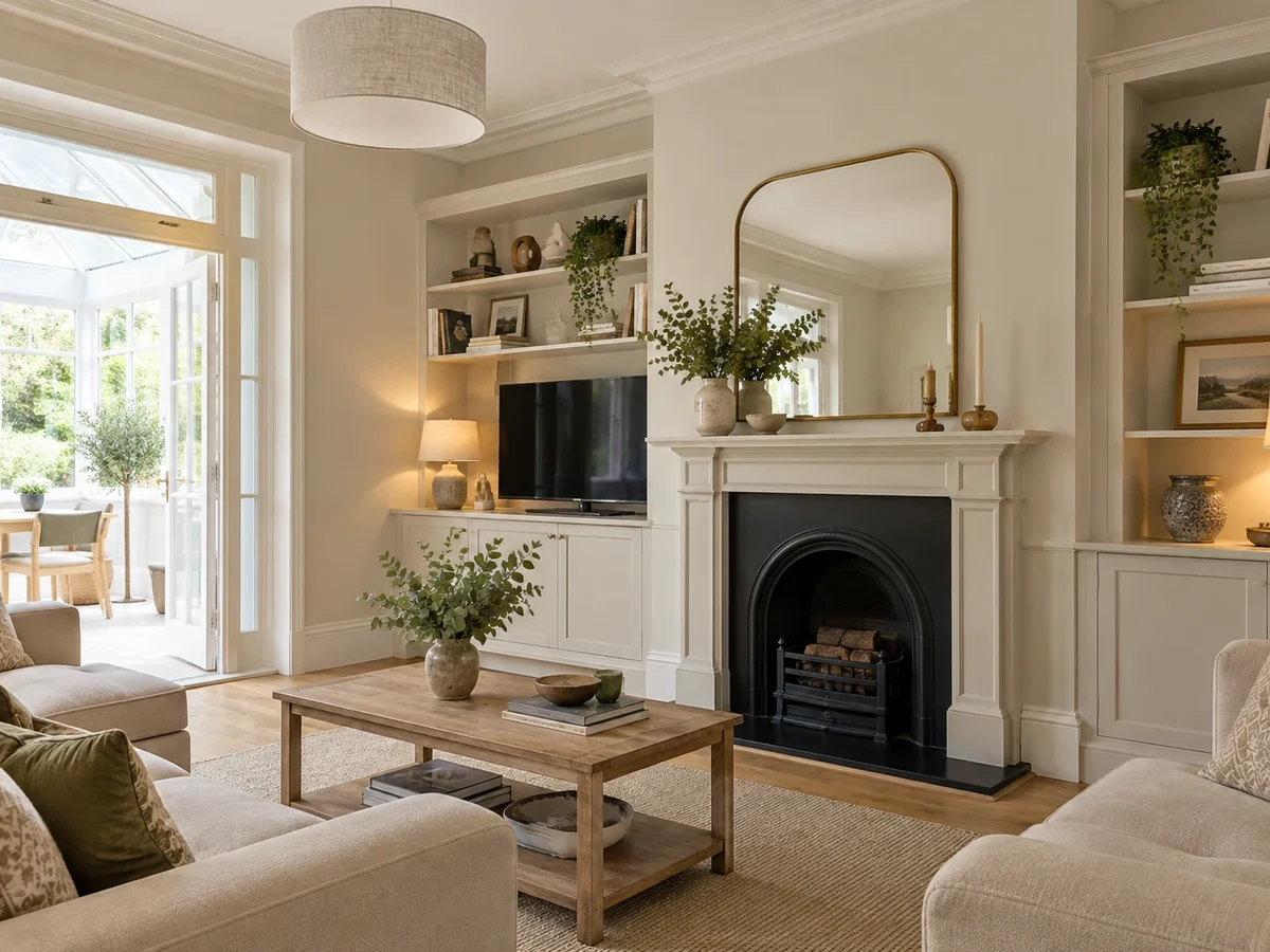 Cream living room with a period fireplace and fitted shelving
