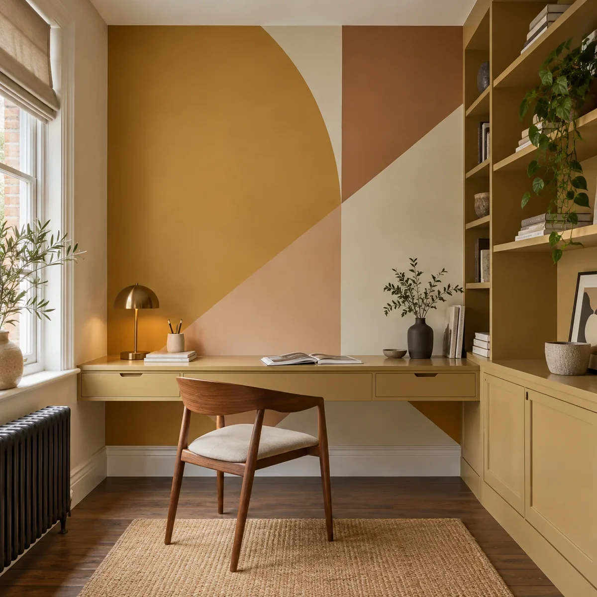 Home office with a mustard and terracotta geometric feature wall